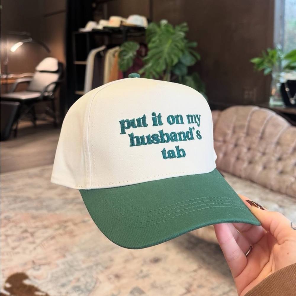 Cream and Green Embroidered Cap - 'put it on my husband's tab'
